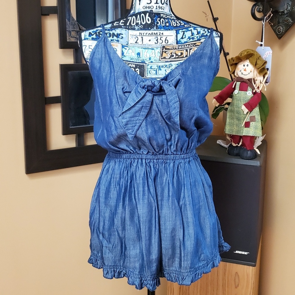 DENIM TANK TOP RUFFLE EDGE SHORTS ROMPER